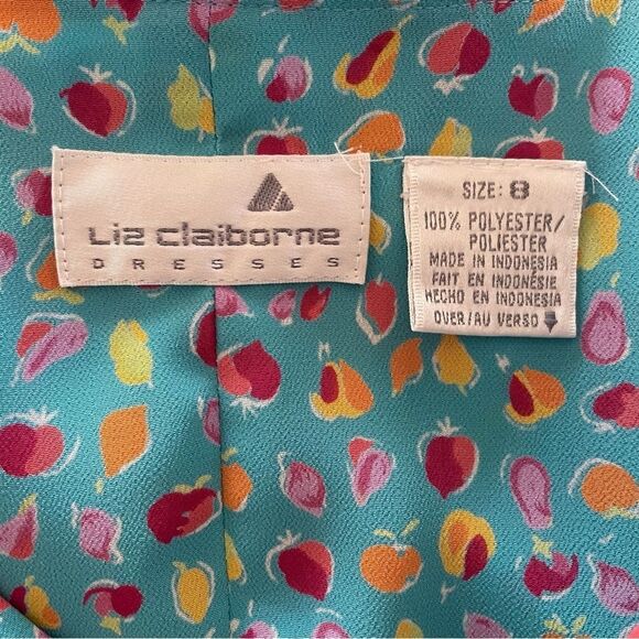 VINTAGE 90s Liz Claiborne Fruit Print Button Front Midi Dress Blue - Picture 8 of 11